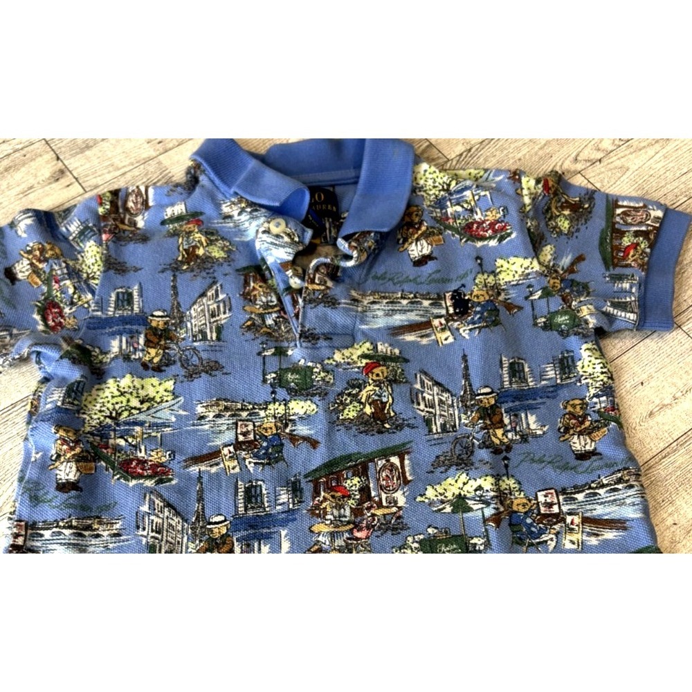 Ralph Lauren Polo Bear Paris All Over Print Mesh Shirt Blue Pique Boys‎ 3T